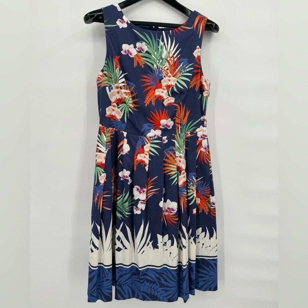 Talbots Fit & Flare Pleated Dress 10 Blue Orchid Floral Print Pockets Tropical